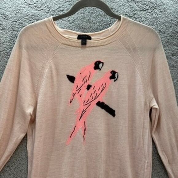 J.Crew Women's Knit Sweater 100% Merino Wool Pink Parrots Crew Neck Lightweight - Picture 2 of 10